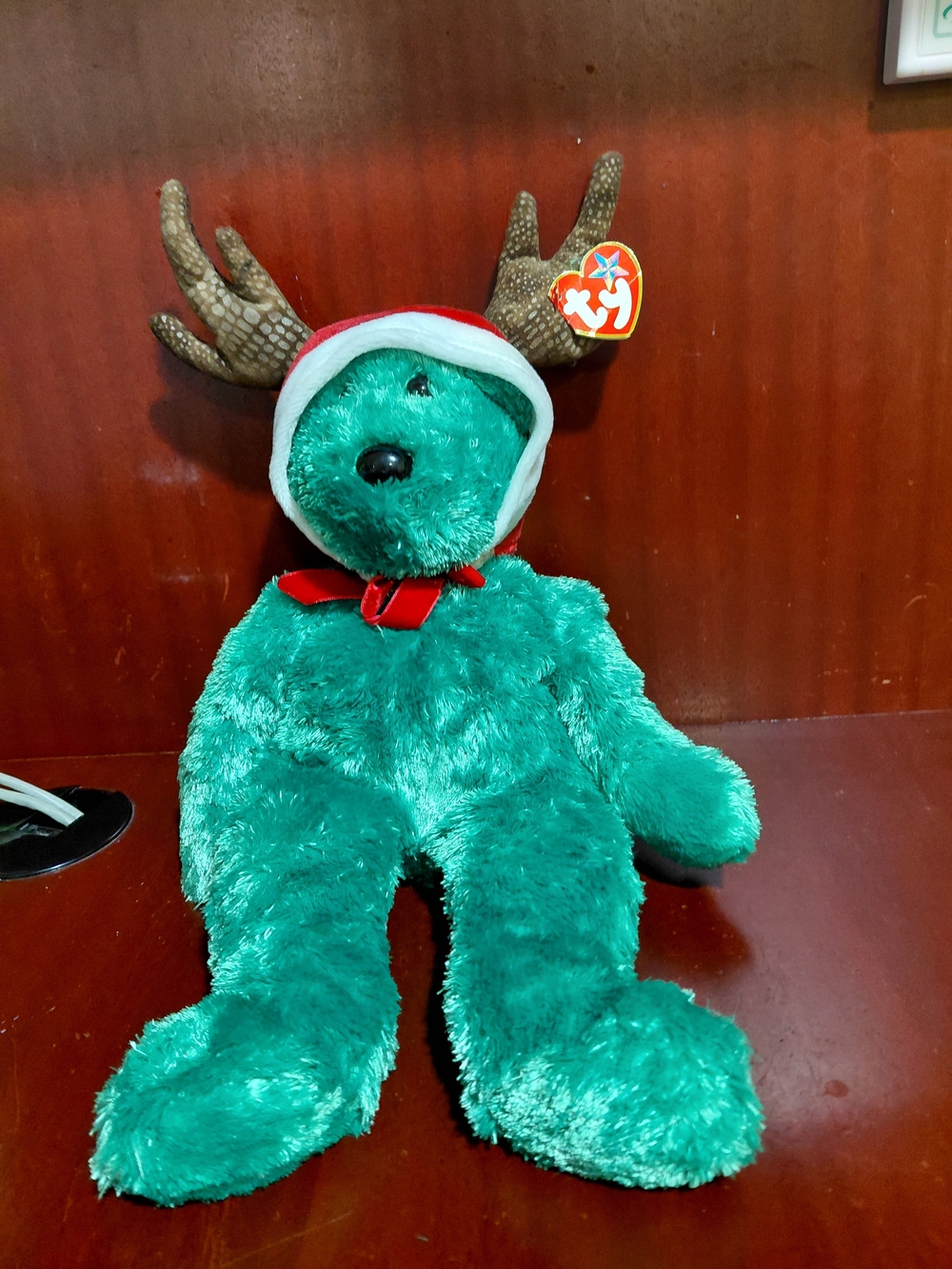 Ty Green Plush Reindeer with Brown Antlers and Red Hood